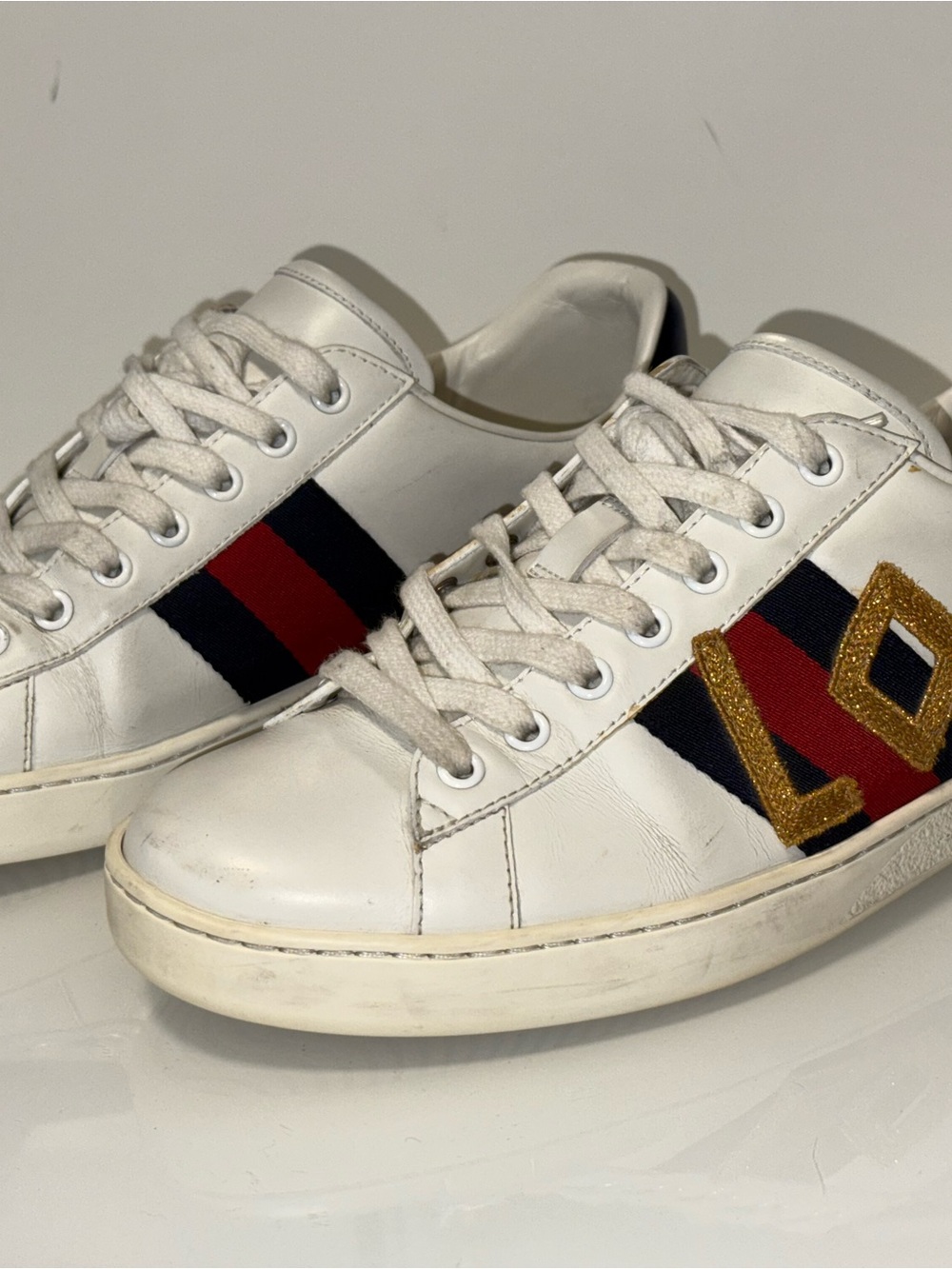 Gucci White Leather 'Loved' Sneakers with Red, Blue & Gold Accents - Picture 12 of 17